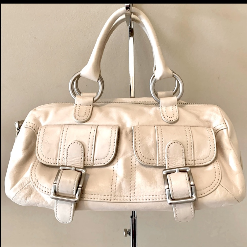 Dkny ivory cream leather silver hardware small satchel handbag